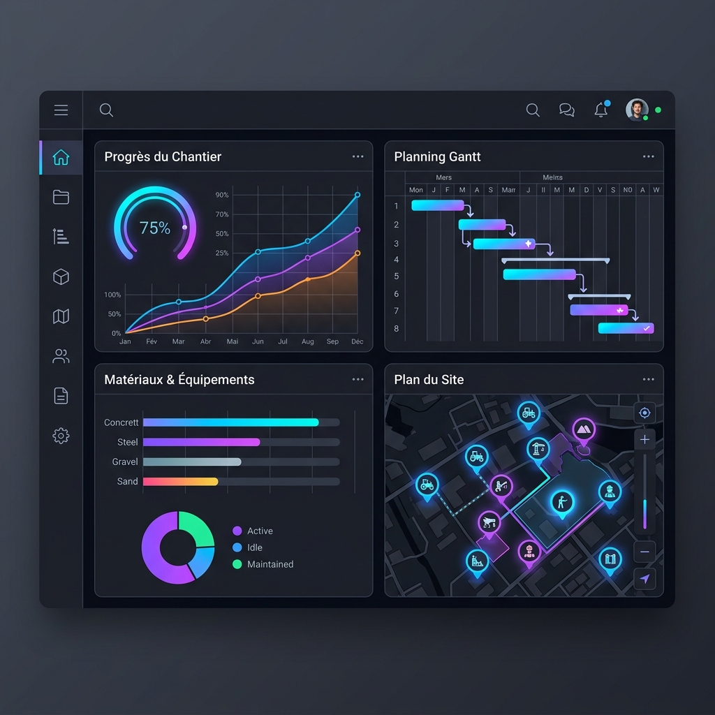 Tableau de bord de suivi de chantier affichant le planning et l'analyse de rentabilité