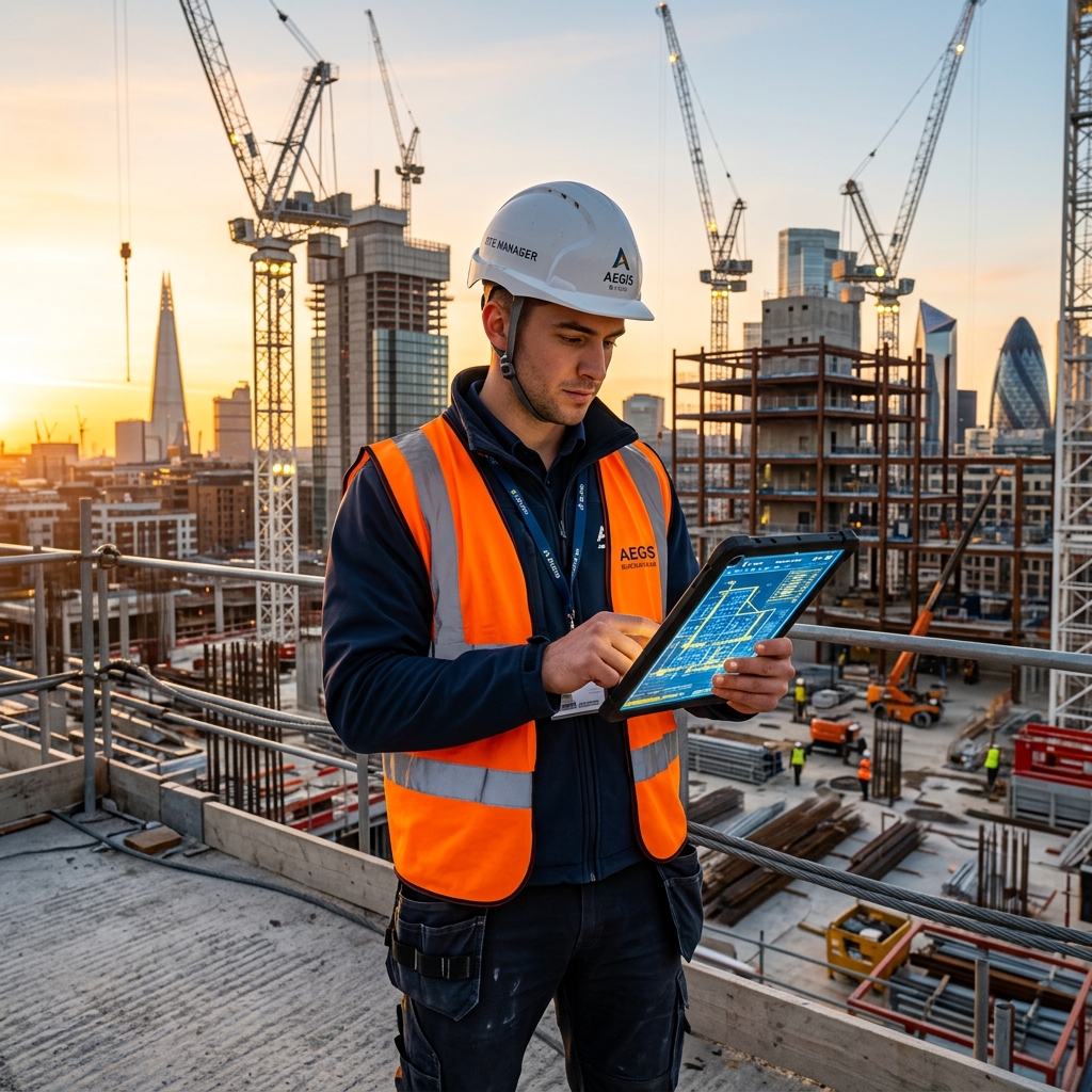 Manager de chantier utilisant une tablette avec un logiciel de suivi de chantier